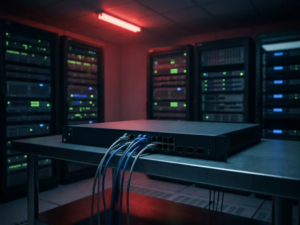 Uitgeschakelde netwerkrouter op serverruimtebureau met losse ethernetkabels, verlicht door rood noodlicht.