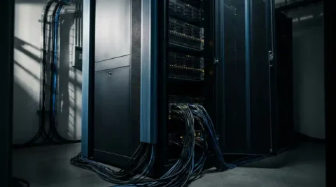 Zware serverrack in donkere datacentergang met gebundelde glasvezelkabels en een op een kier staande kabinettdeur.