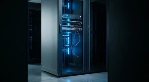 Zwart serverrek in donkere datacentergang met doorgesneden glasvezelkabel, omgeven door blauw gloed van actieve netwerkapparatuur.