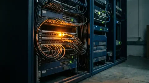Onbeveiligde serverrack met donkere kabels en knipperende lampjes in een verlaten serverruimte, verlicht door een amber waarschuwingslamp.