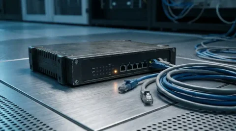 Losgekoppelde enterprise-netwerkrouter op serverroomvloer met ontkoppelde ethernet-kabels en donkere indicatorlampjes.