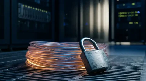 Gloeiende glasvezelkabel gewikkeld om een zwaar hangslot op een donkere serverroomvloer, symboliseert kwantumencryptie en digitale beveiliging.