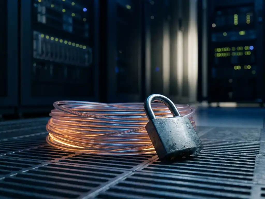 Gloeiende glasvezelkabel gewikkeld om een zwaar hangslot op een donkere serverroomvloer, symboliseert kwantumencryptie en digitale beveiliging.