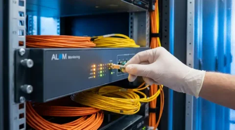 Fiber optic kabel aangesloten op ALM-monitoringeenheid in serverrack, omgeven door oranje en gele kabels, blauwe omgevingsverlichting.