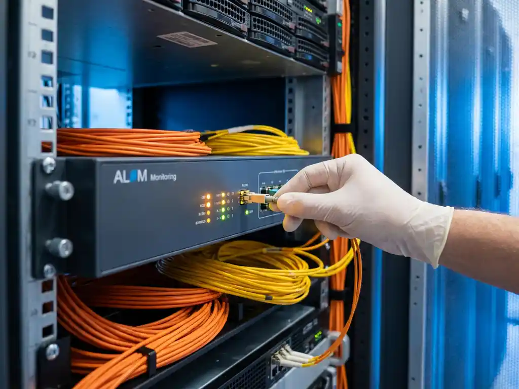 Fiber optic kabel aangesloten op ALM-monitoringeenheid in serverrack, omgeven door oranje en gele kabels, blauwe omgevingsverlichting.