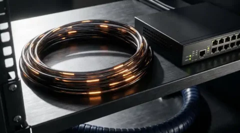 Gloeiende glasvezelkabel met amberkleurig licht naast een enterprise netwerkswitch op donker metalen rack.