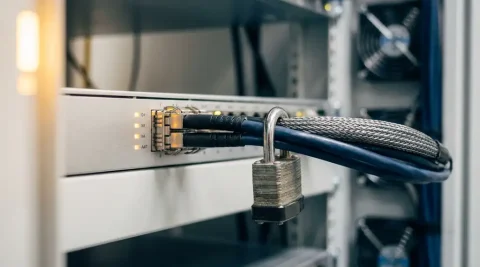 Fiber optic kabel met hangslot beveiligd in enterprise netwerkswitch, gemonteerd in een datacenterrack met navy en zilver tinten.