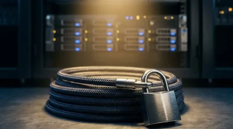 Gepantserde glasvezelkabel met stalen slot op serverruimtevloer, blauwe indicatielampjes op rackapparatuur op de achtergrond.