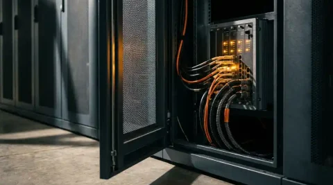 Rack-mounted netwerkswitch met dikke glasvezelkabels achter een stalen deurkast, gloeiende amber-poortindicatoren zichtbaar in serverruimte.