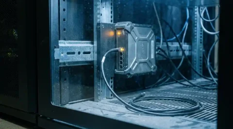 Ruggedized netwerkswitch in vergrendeld serverrek met losgekoppelde glasvezelkabel, amber statuslampje brandt in industrieel datacenter.