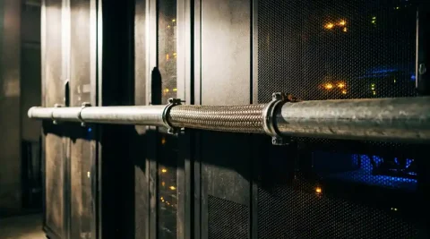 Gepantserde glasvezelkabel tussen twee serverracks in een donker datacenter met blauw en amber licht.