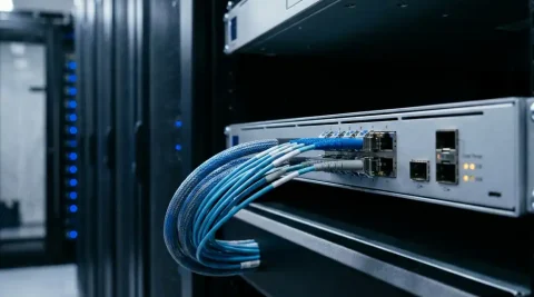 Bundel glasvezelkabels aangesloten op een rack-mounted enterprise switch in een donker datacenter met blauwe en amberkleurige indicatielampjes.