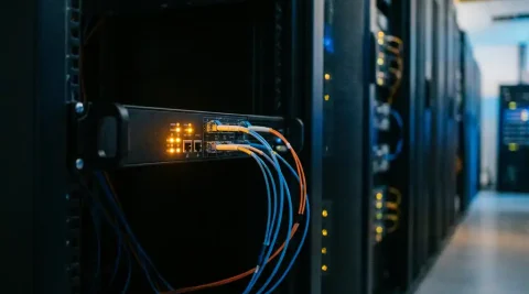 Fiber optic encryptieapparaat met oranje LED-indicators in serverrack, omgeven door blauwe en oranje glasvezelkabels in donker datacenter.