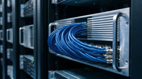 Glasvezelkabelbundel met blauw licht in metalen behuizing van een professioneel datacenterrek.