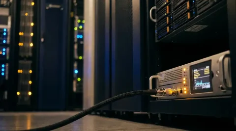 Glasvezelkabel aangesloten op een rack-mounted netwerkcryptor in een professioneel datacenter met knipperende serverapparatuur op de achtergrond.