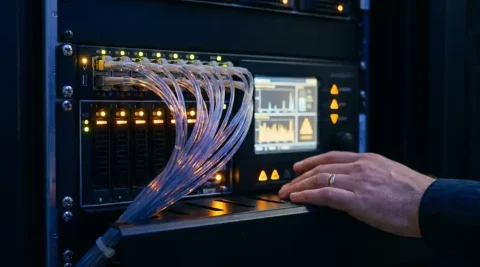 Glasvezelkabelbundel met lichtpulsen verbonden aan een netwerkrack, techniciushand bij monitoringpaneel in serverruimte met amber indicatorlichten.