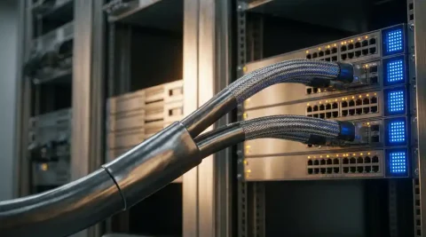 Glasvezelkabel die zich splitst in twee paden en samenkomt in een enterprise netwerkrack in een serverruimte.