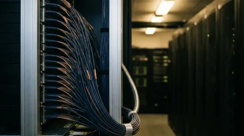 Bundel glasvezelkabels in een professioneel netwerkrek die overgaat in één moderne kabel in een datacentergang.