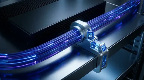 Glasvezelkabel met blauw-violet licht en zwart encryptie-apparaat op serverrack, kwantumveilige beveiliging gevisualiseerd.