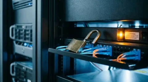 Open hangslot op een netwerkrack met gloeiende glasvezelkabels, symboliseert kwetsbare fysieke netwerkbeveiliging.