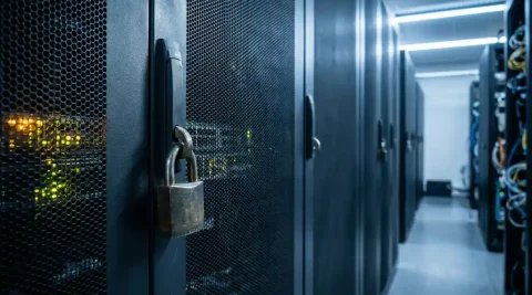 Vergrendeld serverrack met enterprise switch en knipperende amber en groene status-LED's in een professioneel datacenter.