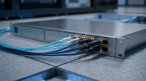 Enterprise netwerkswitch met gloeiende glasvezelkabels in een datacenter met verhoogde vloer en blauwe omgevingsverlichting.