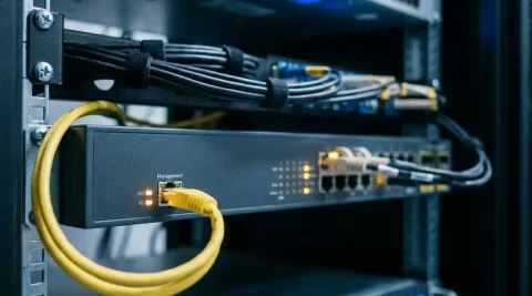 Rack-mounted netwerkswitch met gemarkeerde managementpoorten en netjes gebundelde glasvezelkabels in een professioneel datacenter.