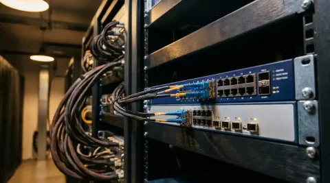 Enterprise-grade netwerkswitch met glasvezelkabels in verlichte poorten, gemonteerd in serverrack met blauwe en zilveren tinten.