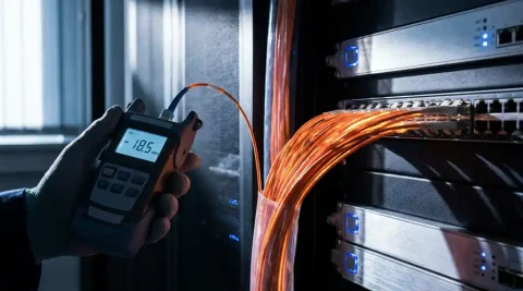 Technicus meet optisch vermogen op een glasvezelkabel in een serverruimte met rack-mounted netwerkapparatuur.