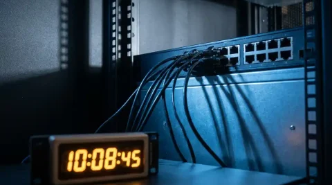 Rack-gemonteerde netwerkserver met lege ethernetpoorten en loshangende kabels, verlicht door een gloeiende precisie-klokmodule in amber.
