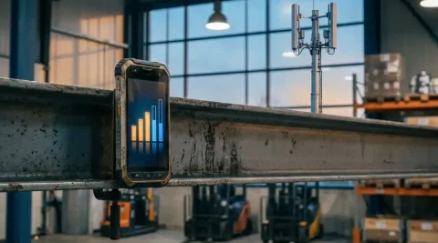 Robuuste industriële smartphone met live signaalsterkte op stalen balk in magazijn, privé 5G-antenne zichtbaar op achtergrond.
