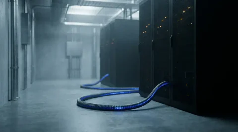 Gepantserde glasvezelkabel met blauw lichtpuls verbindt twee serverracks in een donkere datacentergang.