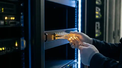 Glasvezelkabel aangesloten op een versleutellingsapparaat in een serverrek, met oranje indicatielampjes en blauw omgevingslicht.