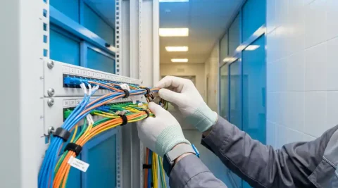 Technicus beheert kleurgecodeerde glasvezelkabels in een patchpaneel van een wit serverrek in een zorginstelling.