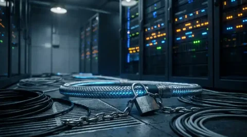 Gepantserde glasvezelkabel met blauw licht en stalen hangslot op serverroomvloer, omringd door kabels en knipperende rackapparatuur.