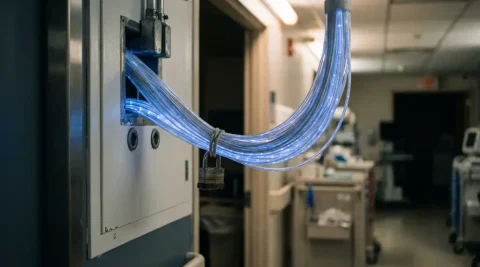 Glasvezelkabels met blauw licht gebundeld door wit ziekenhuispaneel, beveiligd met een hangslot.