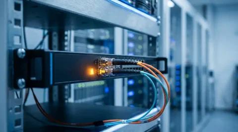 Twee glasvezelkabels aangesloten op één router in een datacenter, met amber waarschuwingsgloed die een single point of failure benadrukt.