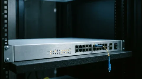 Enterprise router met gedimde en amberkleurige statusindicatoren op serverrek, losse glasvezelkabel hangt ontkoppeld ernaast.