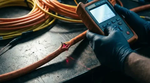 Beschadigde glasvezelkabel op werkbank, technicus met OTDR-testapparaat, oranje en gele kabels op de achtergrond.