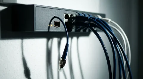 Losse fiber optic kabel hangt onverbonden van een netwerkswitch in een ziekenhuisgang, omgeven door netjes aangesloten patchkabels.
