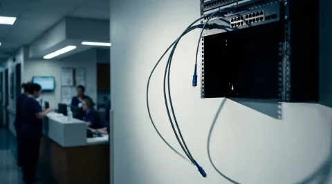 Losgekoppelde glasvezelkabel naast een uitgeschakelde netwerkswitch op een witte ziekenhuismuur, verpleegpost op de achtergrond.