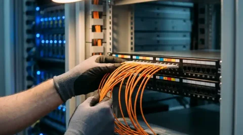 Technicus die oranje glasvezelkabels door een patchpanel leidt in een serverruimte met blauwe indicatielampjes op de achtergrond.