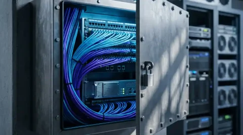 Glasvezelkabels in stalen serverbehuizing met kwantumversleutelingsmodule, verlicht door blauw en violet licht.