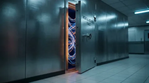 Zware medische kluisdeur op een kier met gloeiende glasvezelkabels zichtbaar binnenin, steriel ziekenhuisgang, staal en marineblauw.