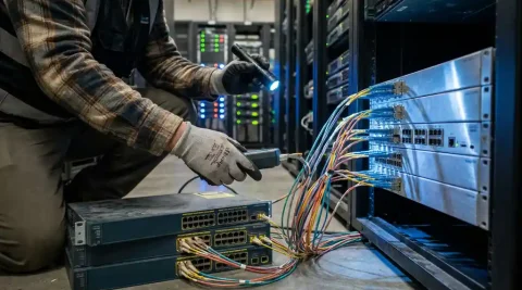 Netwerkingenieur inspecteert kabels tussen verouderde rack-switches en moderne fiber patch panels in een datacenter.
