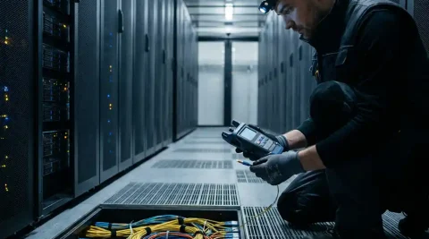 Netwerkingenieur inspecteert gebundelde glasvezelkabels met een optische vermogensmeter in een datacentergang met verlichte serverracks.