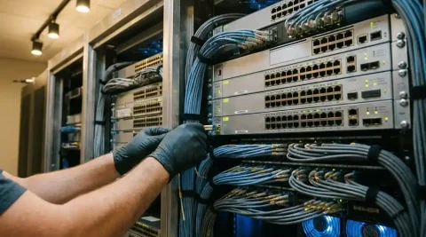 Netwerkengineer configureert enterprise switches en fiber patch panels in een professioneel datacenter met knipperende LED-statuslichten.