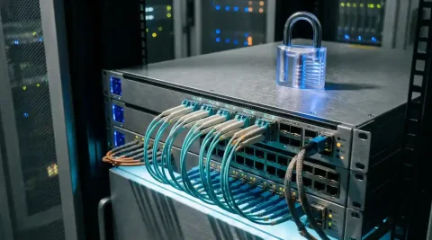 Enterprise netwerkswitch met gloeiende glasvezelkabels en transparant hangslot in donkere serverruimte.
