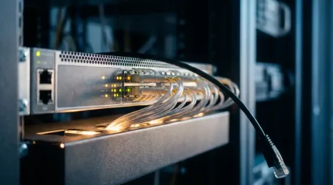 Rack-mounted netwerkswitch met glasvezelkabels en amber-groene statuslampjes in donkere serverruimte.