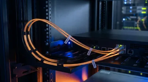Twee glasvezelkabels, primair en backup, die dezelfde fysieke route volgen naar één router in een donkere serverruimte.